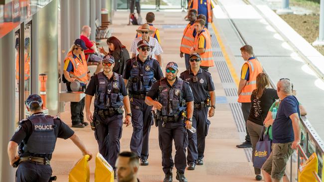 Police at Helensvale Station. Picture: Jerad Williams.