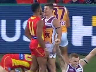 Dayne Zorko and Touk Miller clash in 2018.