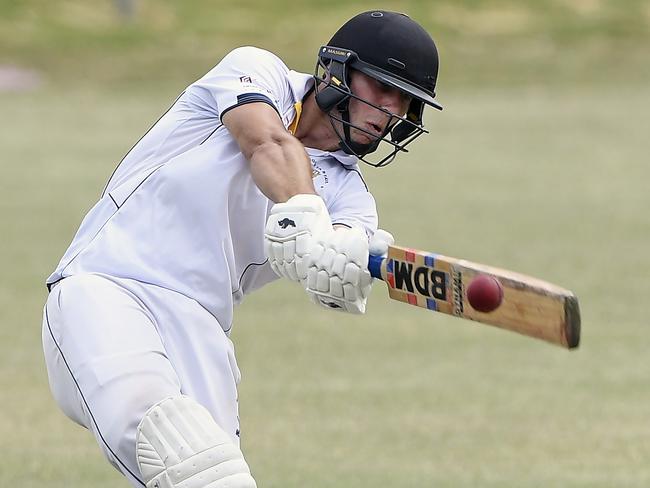 Patrick Willach hits a six during the VTCA Cricket: Doutta Stars v St Albans cricket match in Essendon, Saturday, Nov. 21, 2020. Picture: Andy Brownbill