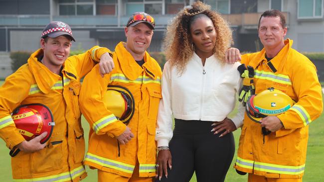 The tennis champion met three volunteer firefighters from North Warrandyte CFA. Picture: Alex Coppel.