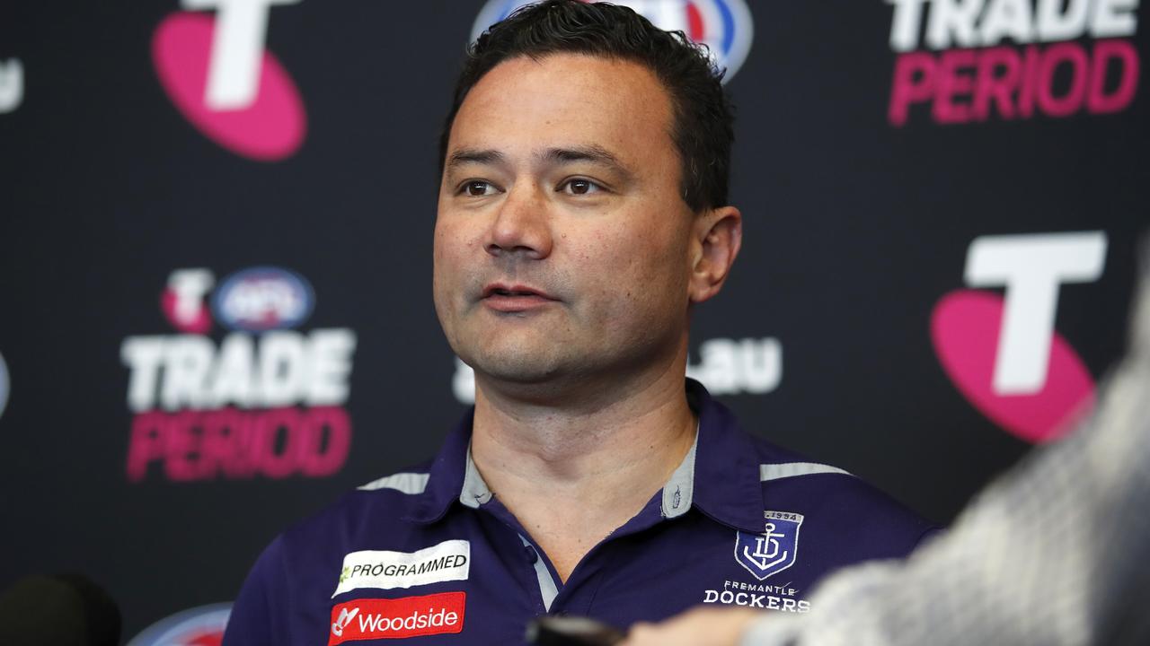 MELBOURNE, AUSTRALIA - OCTOBER 07: Peter Bell, Football Manager of the Dockers speaks with media during the Telstra AFL Trade Period at Marvel Stadium on October 07, 2019 in Melbourne, Australia. (Photo by Dylan Burns/AFL Photos via Getty Images)