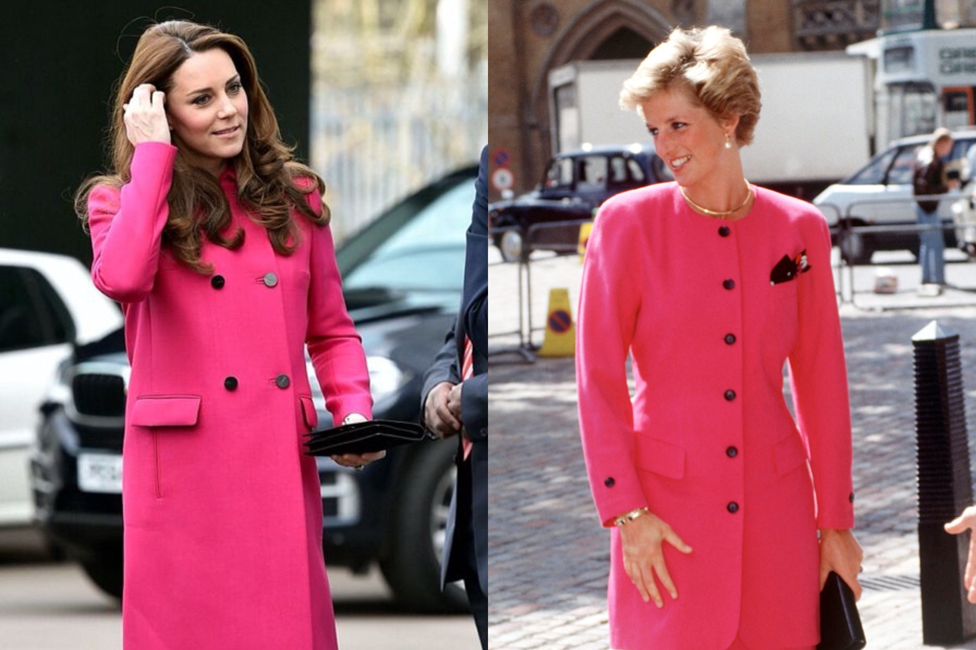 <h2>Princess Kate (2015) and Princess Diana (1990)</h2><p>Princess Diana was an avid lover of pink, particularly, the bright strain. In 2015, the Duchess of Cambridge channelled the royal in a neon-coloured Mulberry Coat, that reminded us all too well of a similar piece the Princess had worn in 1990.</p><p><a href="https://www.newsletters.news.com.au/vogue">Sign up to the <i>Vogue</i> newsletter</a></p>