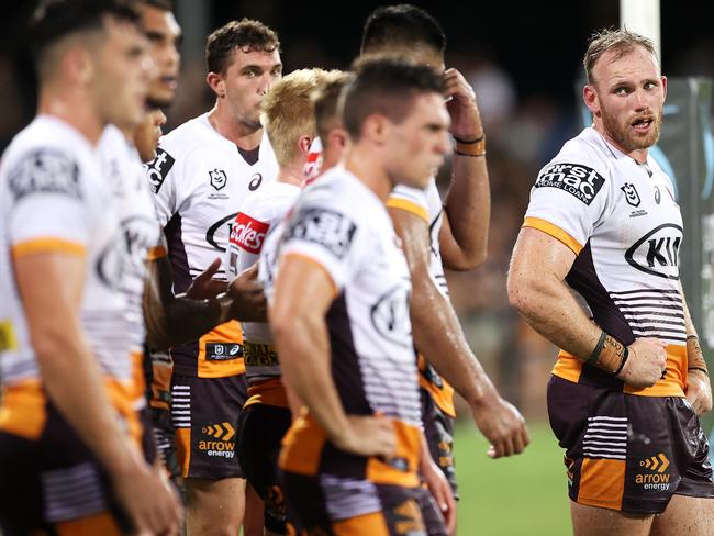 DARWIN, AUSTRALIA - APRIL 23: Matthew Lodge of the Broncos looks dejected after a try during the round seven NRL match between the Parramatta Eels and the Brisbane Broncos at TIO Stadium, on April 23, 2021, in Darwin, Australia. (Photo by Mark Kolbe/Getty Images)