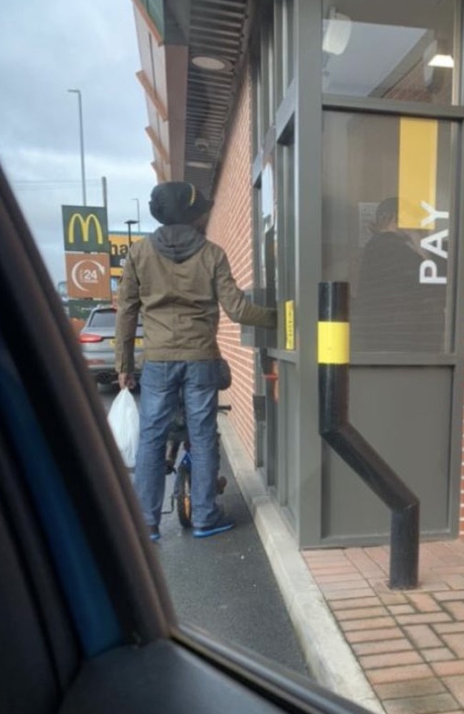 The father and son at the drive-through window of a McDonald’s in Leeds, in the UK. The fast-food chain denied them their meal for ‘safety reasons’. Picture: Twitter/shereehankir