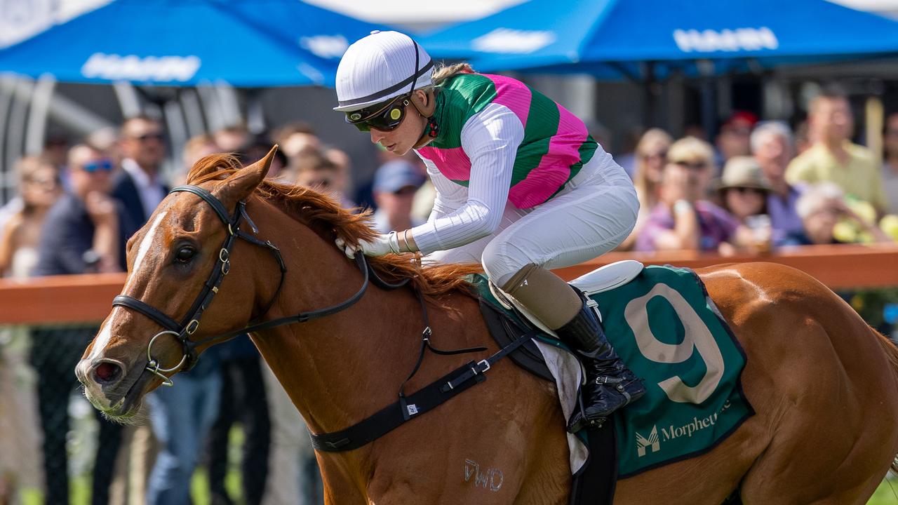 Kayla Crowther steers Obi to a strong win at Morphettville on Saturday. Picture: Makoto Kaneko