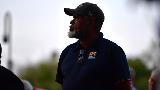 Northern Land Council chair Matthew Ryan joined hundreds of Top End residents gathered outside the NT Parliament on Wednesday for a vigil for Kumanjayi White, a 24-year-old Warlpiri man with a disability who died after being restrained by police in the Alice Springs Coles. Picture: Zizi Averill