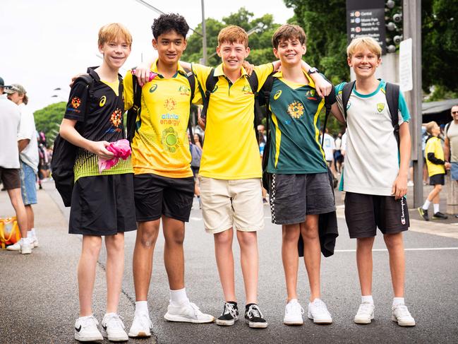 Charlie Woods, Neil Kongot, Jack Wilkin, Toby Hunt and Harrison Jeffs at the SCG before the start of play on Day 1. Photo: Tom Parrish