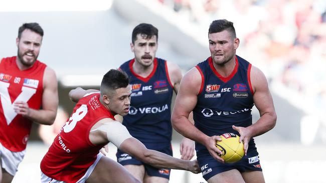 Mitch Grigg on the burst during his five-goal effort in last year’s grand final loss to North Adelaide. Picture Sarah Reed