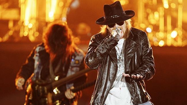 Singer Axl Rose performing with band Guns N' Roses at ANZ Stadium in Homebush, part of the Sydney Telstra 500 entertainment....