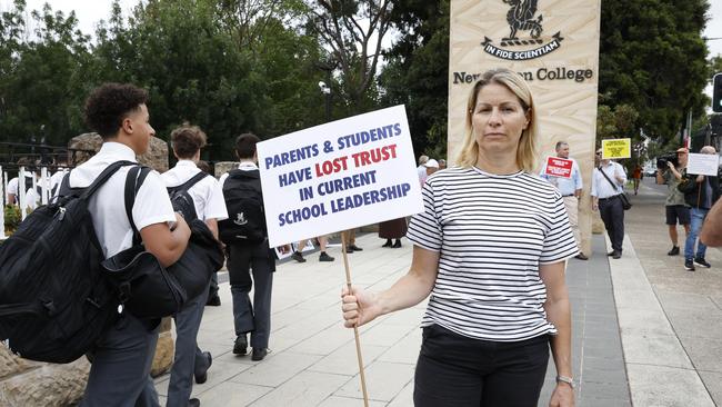 Parents pictured outside Newington College protesting against the proposed switch to co-education. Picture: Richard Dobson