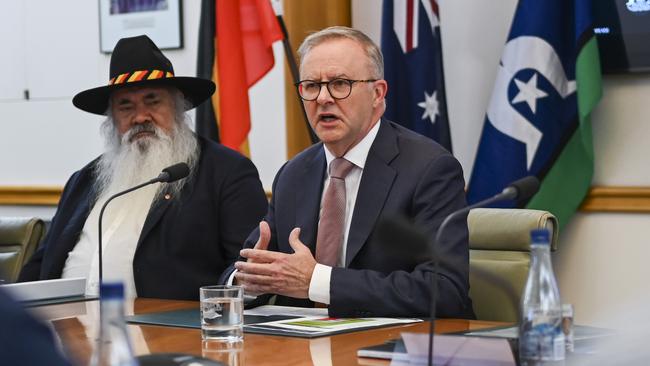 Senator Patrick Dodson and Prime Minister Anthony Albanese during the Referendum Working Group meeting. Picture: Martin Ollman