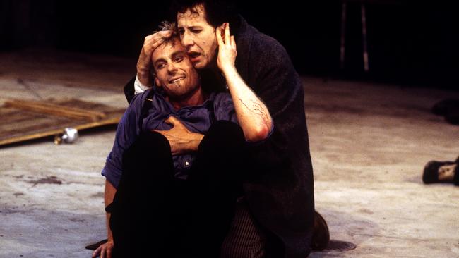 Roxburgh and Geoffrey Rush in Company B's 1995 production of Hamlet. Picture: Heidrum Lohr.