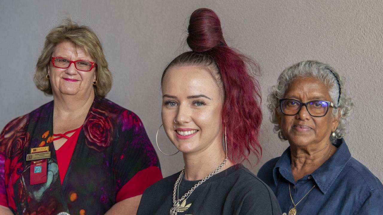 BRIGHT FUTURE: St Vincent de Paul Society Toowoomba scholarship recipient Kimberley Anderson (front) talks with scholarship sponsors Kate Charlton (left) and Gita Sharma. Picture: Nev Madsen