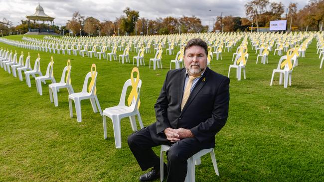 SARAH founder and president Peter Frazer is pictured here in 2021 among almost 1000 empty chairs, representing the life of each man, woman and child lost on South Australian roads in the past decade. Picture: Brenton Edwards