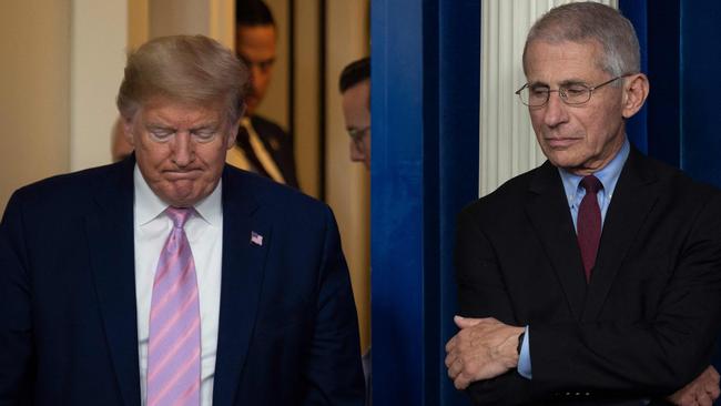 Donald Trump and former director of the National Institute of Allergy and Infectious Diseases Anthony Fauci in April 2020. Picture: AFP