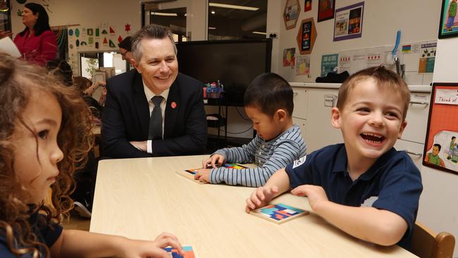 Federal Education Minister Jason Clare, at The Learning Sanctuary in Brisbane, wants all children to have access to early childhood education. Picture: Liam Kidston