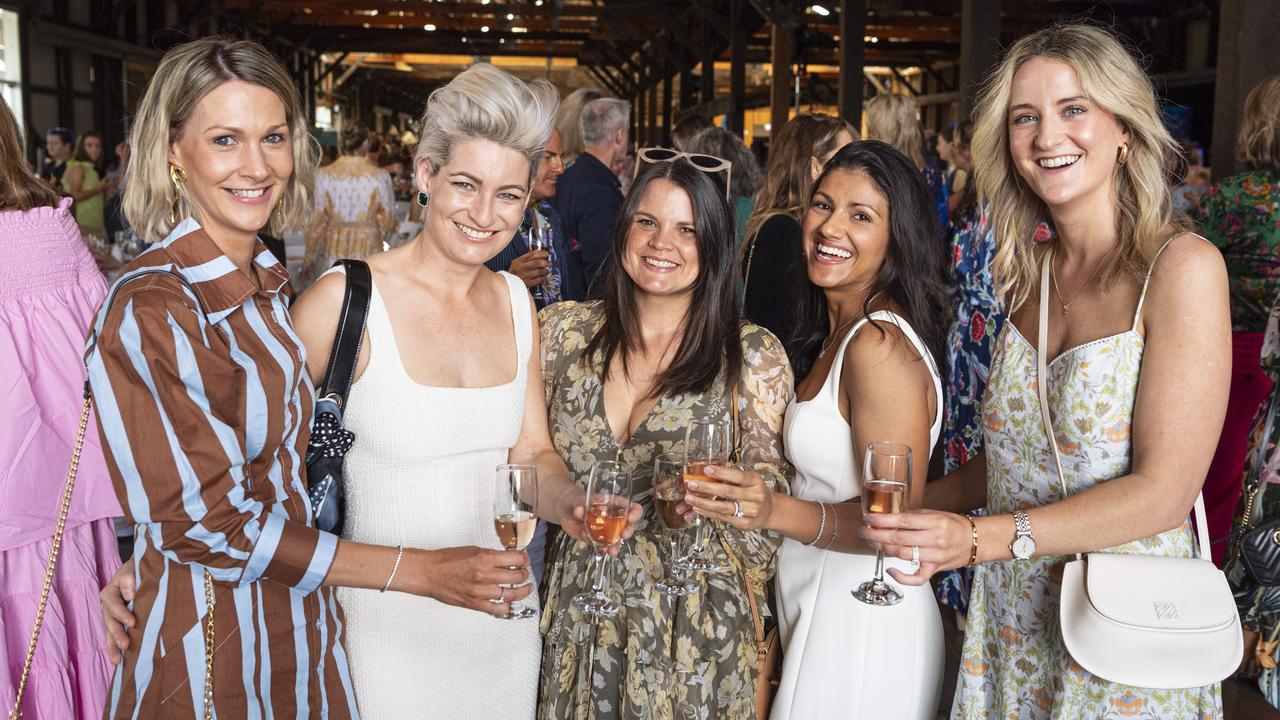 At the Ladies Diamond Luncheon are (from left) Elle McVinish, Casey Greig, Jemimah Russell, Melanie Adler and Sarah Fitzpatrick hosted by Toowoomba Hospital Foundation at The Goods Shed, Friday, October 11, 2024. Picture: Kevin Farmer