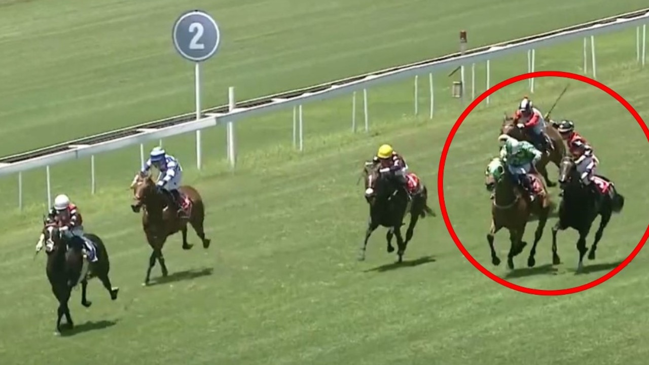 Jockey Gavin Lerena struck rival Jason Gates with his whip several times during a race at Turffontein on Sunday. Picture: YouTube