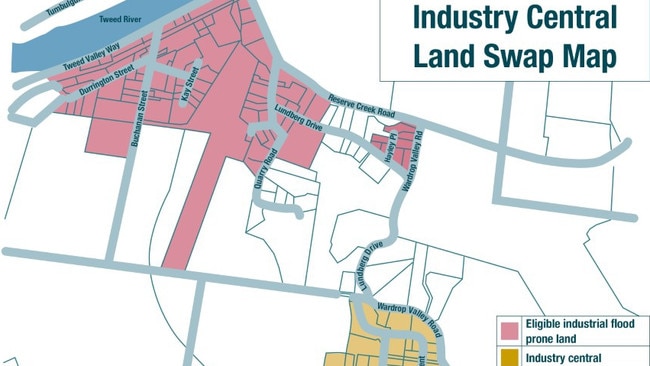 The Land Swap program would see 15-20 businesses move from the pink area into Industry Central.