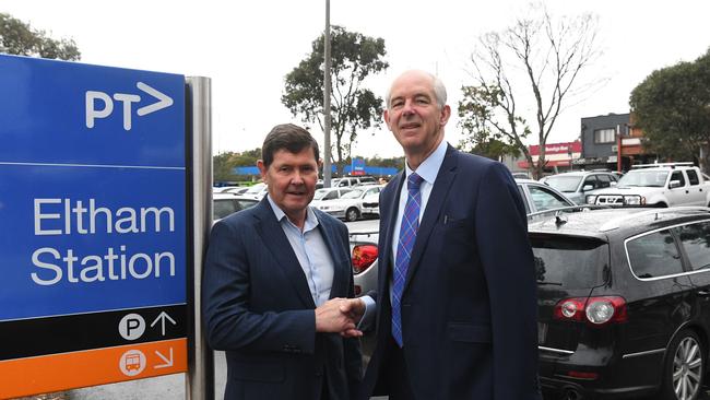 Menzies MP Kevin Andrews and Cr Peter Clarke say Eltham rail station is in desperate need of more carparking spaces. Picture: James Ross