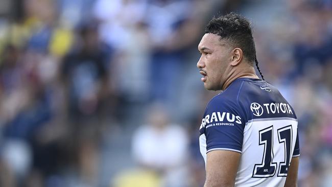 Kulikefu Finefeuiaki of the Cowboys looks on during the round five NRL match between North Queensland Cowboys and Gold Coast Titans at Qld Country Bank Stadium, on April 07, 2024, in Townsville, Australia. (Photo by Ian Hitchcock/Getty Images)