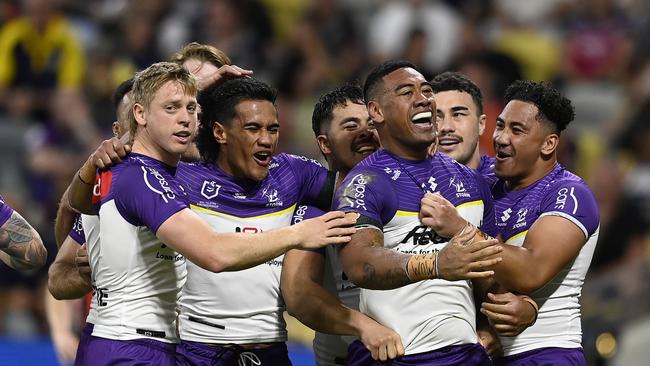 Lazarus Vaalepu of the Storm celebrates after scoring a try during the round 26 NRL match between North Queensland Cowboys and Melbourne Storm. Picture: Ian Hitchcock/Getty Images.