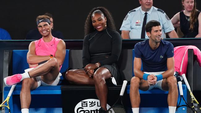 Rafael Nadal, Serena Williams and Novak Djokovic at Rod Laver Arena on Wednesday night. Picture: AAP