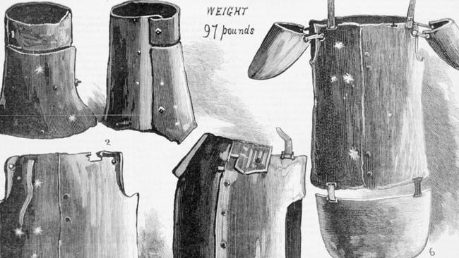 A newspaper illustration of the Kellys’ armour in 1880. Picture: State Library of Victoria