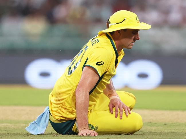 LUCKNOW, INDIA - OCTOBER 12: Pat Cummins of Australia reacts during the ICC Men's Cricket World Cup India 2023 between Australia and South Africa at BRSABVE Cricket Stadium on October 12, 2023 in Lucknow, India. (Photo by Robert Cianflone/Getty Images)