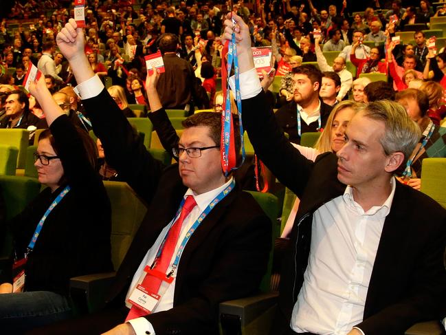 The vote against turning back boats with Anthony Albanese and Andrew Giles voting with Richard Marles (R) not voting at the Australian Labor Party National Conference at the Melbourne Convention Centre on Friday, July 24, 2015, in South Wharf, Victoria, Australia. Picture: Hamish Blair