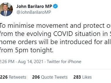 Deputy Premier John Barilaro announced a state-wide lockdown for NSW via Twitter on Saturday, sparking outrage. Picture: Twitter