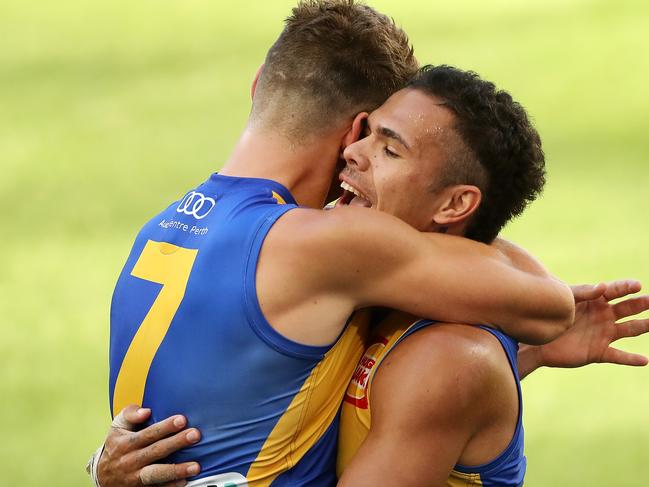 PERTH, AUSTRALIA - MAY 02: Zac Langdon of the Eagles celebrates after scoring a goall during the 2021 AFL Round 07 match between the West Coast Eagles and the Fremantle Dockers at Optus Stadium on May 02, 2021 in Perth, Australia. (Photo by Will Russell/AFL Photos via Getty Images)