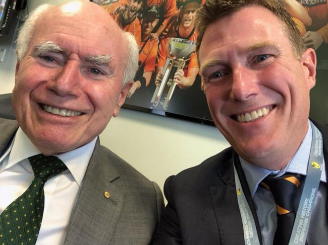 Christian Porter tweeted a selfie with former PM John Howard from the cricket on Thursday. Picture: Twitter