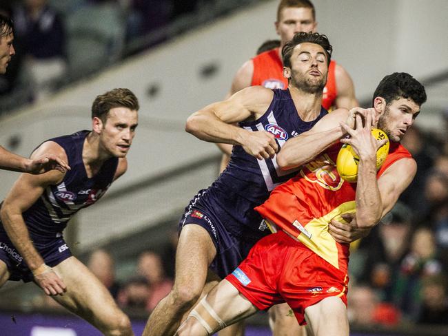 Jarrad Grant of the Gold Coast Suns during the round 20 AFL match between the Fremantle Dockers and the Gold Coast Suns at Domain Stadium in Perth, Saturday, August 5, 2017. (AAP Image/Tony McDonough) NO ARCHIVING, EDITORIAL USE ONLY