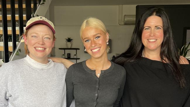 Adelaide-born A-list actor Sarah Snook, left, spoke to Scotch College year 12 student Charlotte Triglau and Nicola Triglau, who is Sarah's former drama teacher and Charlotte's mum. Picture: Supplied