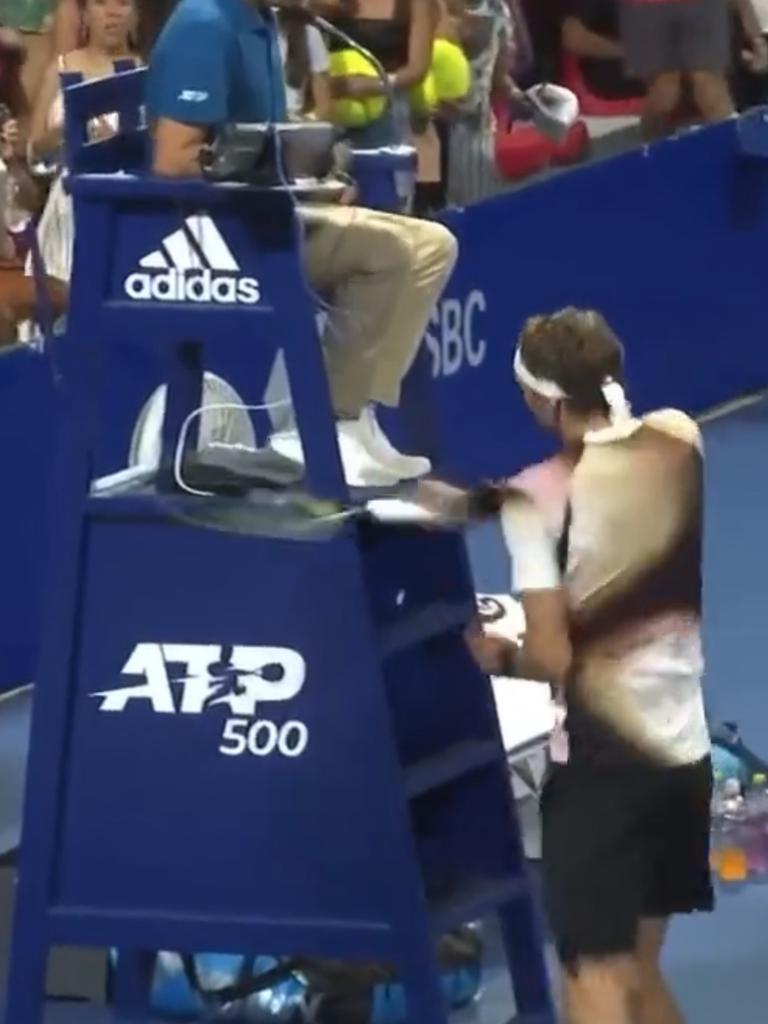 He belt the umpire’s chair and barely missed his legs.