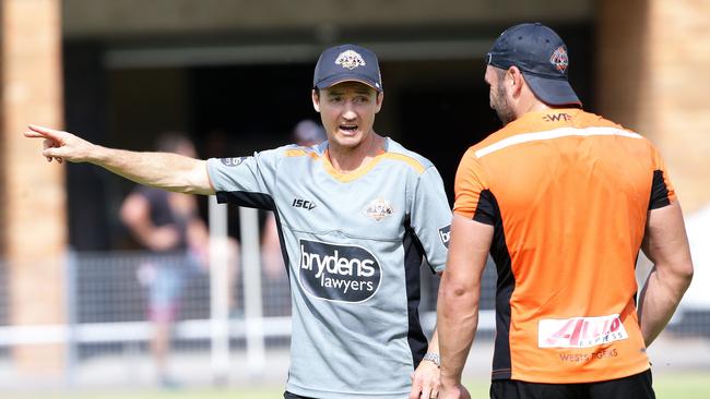 Coach Jason Taylor and Robbie Farah in camp with the West Tigers at Nelson Bay. Picture: Peter Lorimer