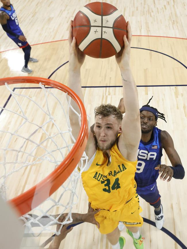 Jock Landale dunks on the United States.