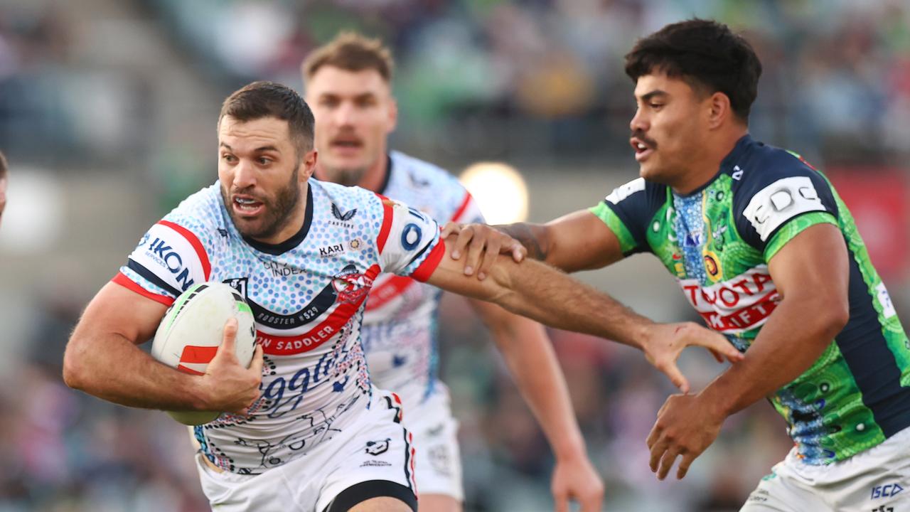 James Tedesco (left) starred against the Raiders on Saturday, but it wasn’t enough for him to retain his place. (Photo by Mark Nolan/Getty Images)