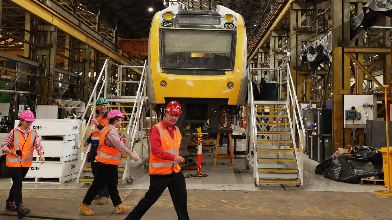 Workers inside the Downer Rail Manufacturing Facility at Maryborough. Picture: Lachie Millard