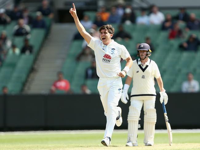 Sean Abbott celebrates taking the wicket of Ashley Chandrasinghe. Picture: Robert Prezioso/Getty Images