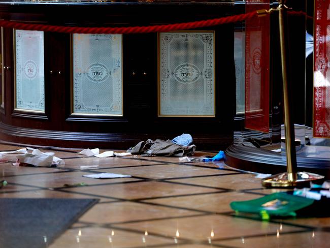 Items on the floor of the TWG Tea shop in Leicester Square, London. Picture: AFP