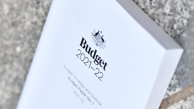 A stock image of the 2021-2022 Australian Budget is seen on the ground at Parliament House on May 12, 2021 in Canberra, Australia. (Photo by Sam Mooy/Getty Images)