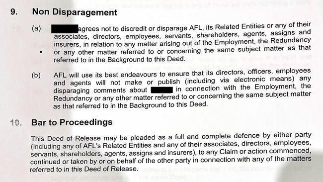 A page from a legal deal between the AFL's governing body and a complainant, where in order to reach settlement a non-disparagement agreement was signed.