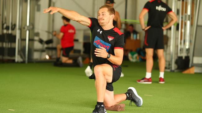 Devon Smith in the gym during Essendon’s pre-season camp at Coffs Harbour.