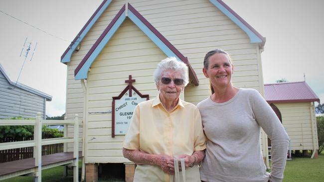 Bessie Webb and Julie Worland at the entrance to the Glenreagh Anglican Church.