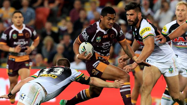 Anthony Milford runs the ball for the Broncos. Picture: Adam Head