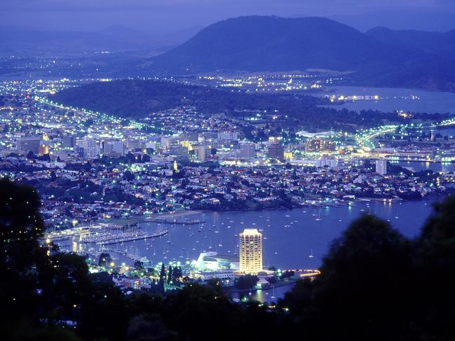 View over city from Mount Nelson at night, Hobart, Tasmania, AustraliaEscapeSat MagPhoto - Getty Images