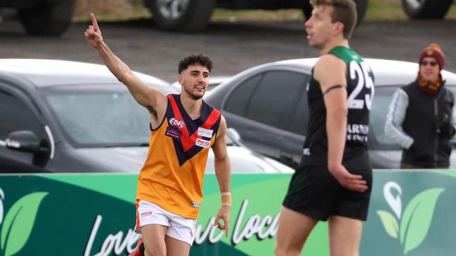 EDFL: Greenvale v East Keilor: Francesco Campisi of East Keilor celebrates a goal at Greenvale Recreation Reserve, on Saturday, July 1, 2023 in Greenvale, Australia.Picture: Hamish Blair