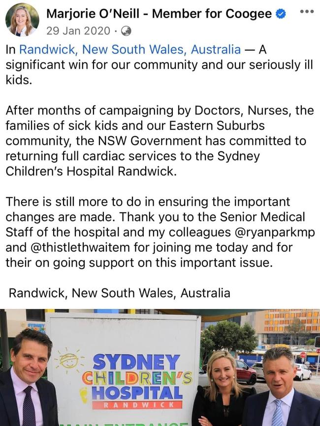 Facebook post by Coogee MP Marjorie O’Neill, supported by Health Minister Ryan Park and federal MP Matt Thistlethwaite.